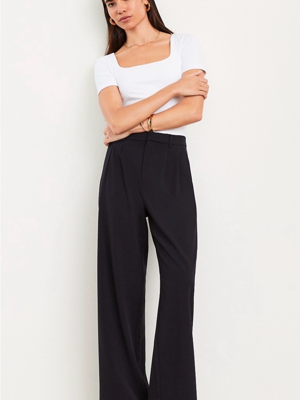 LOFT Black Wide-Leg Pleated High-Rise Trousers